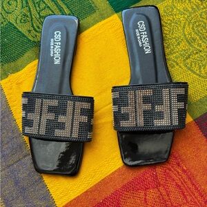 Black and Brown Slide Sandals